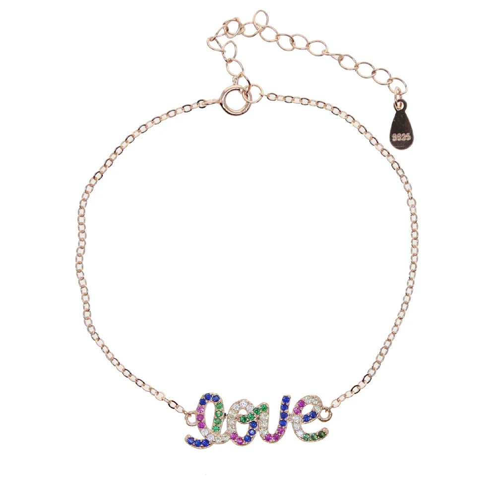 Promozione gioielli di moda il regalo di San Valentino 2021 Micro Pave Bracciale CZ con lettera d'amore arcobaleno bianco donna