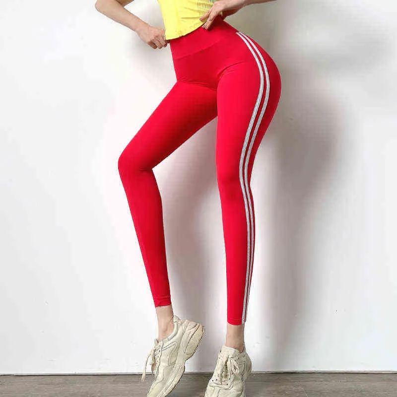 Leggings de sport taille haute à rayures latérales pour femmes, pantalon de Yoga sans couture, contrôle du ventre, levage des hanches, H1221