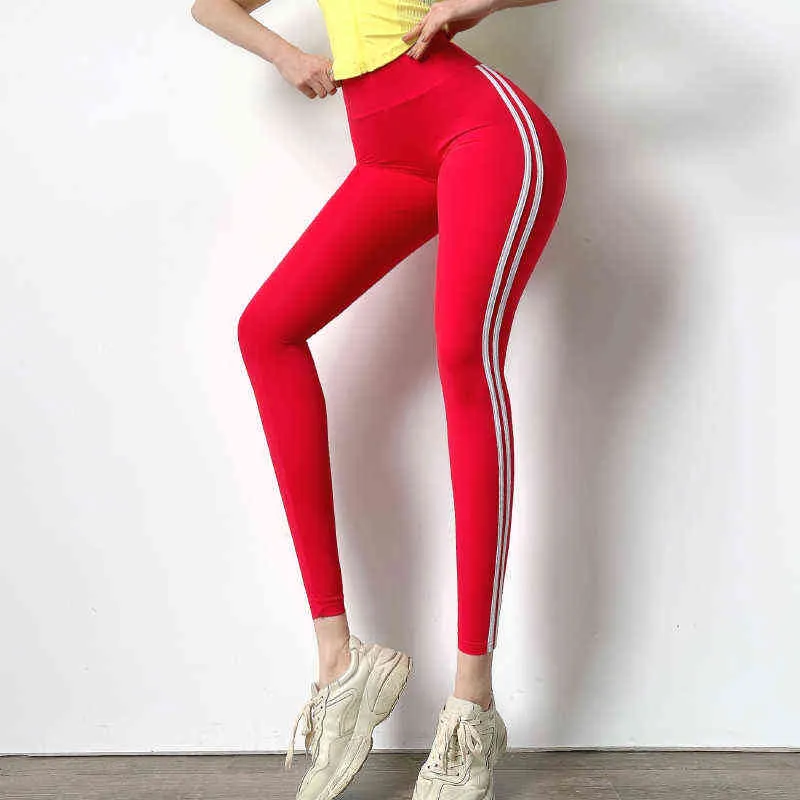Side Stripes Women High Waist Tummy Control Sports Leggings Seamless Hip Lift Yoga Pants H1221