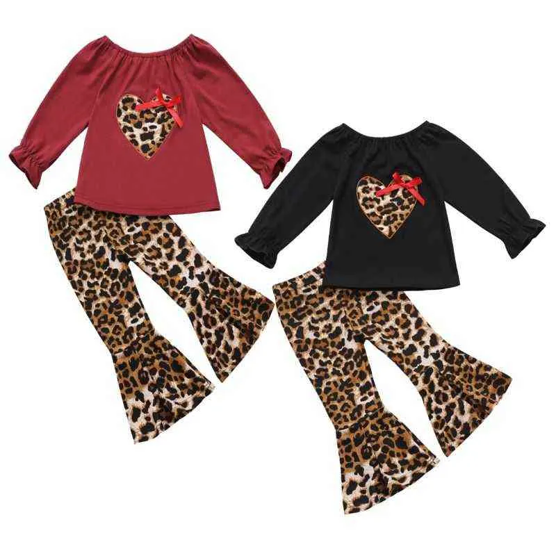 Bärleiter Baby Mädchen Mode Kleidung Sets Herbst Spring Kids Leopard T-Shirt und Glockenboden Hosen Outfits Kinder Kleidung Y220310