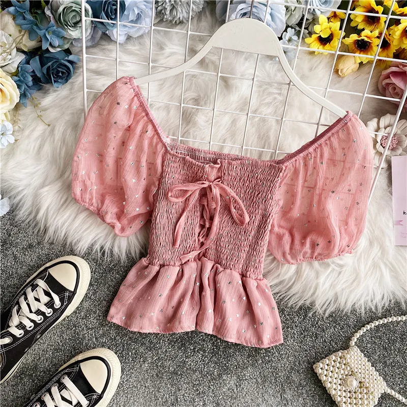 Women Shirts Square Collar Short Sleeve Sequins French Retro Slim Top Summer New Femme Elegant Ruffles Chiffon Short Blouse T200608