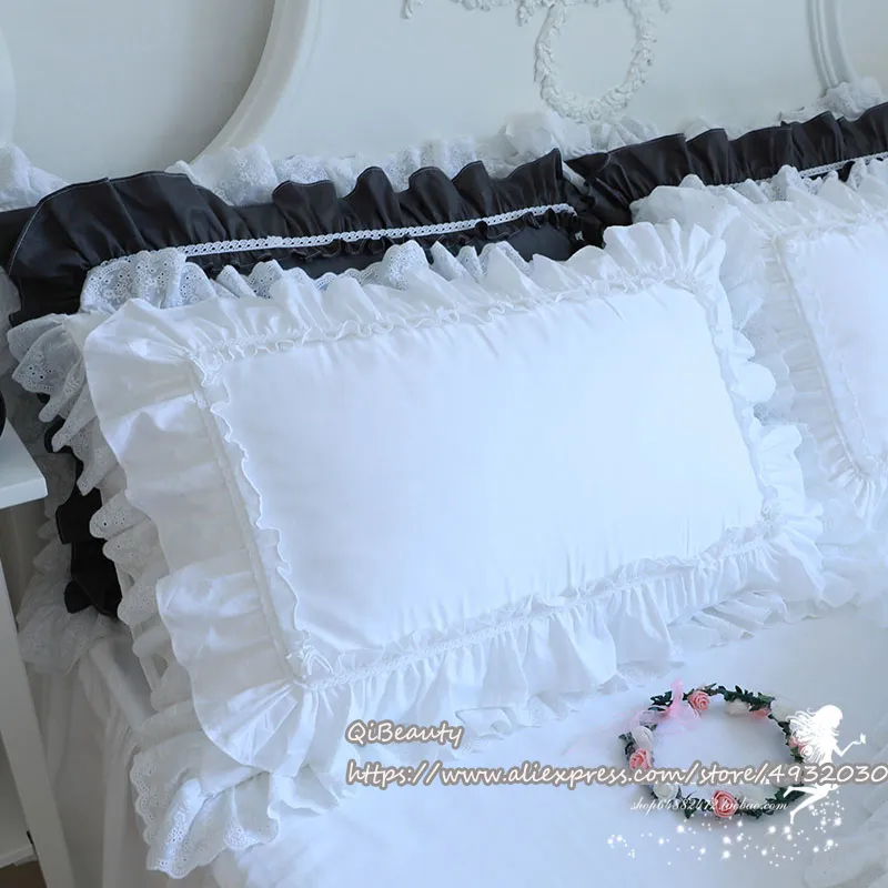 Princesse Pure Blanc Double Couche Dentelle Volants Coton De Mariage Literie Taie D'oreiller taie d'oreiller 220217