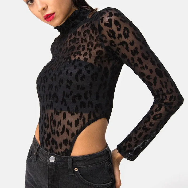 Czarny Sexy Sheer Meth Body Dla Kobiet Leopard Przezroczysty Body Top Elegancki Jesień Z Długim Rękawem Kombinezon Skinny Pajacyki 220309