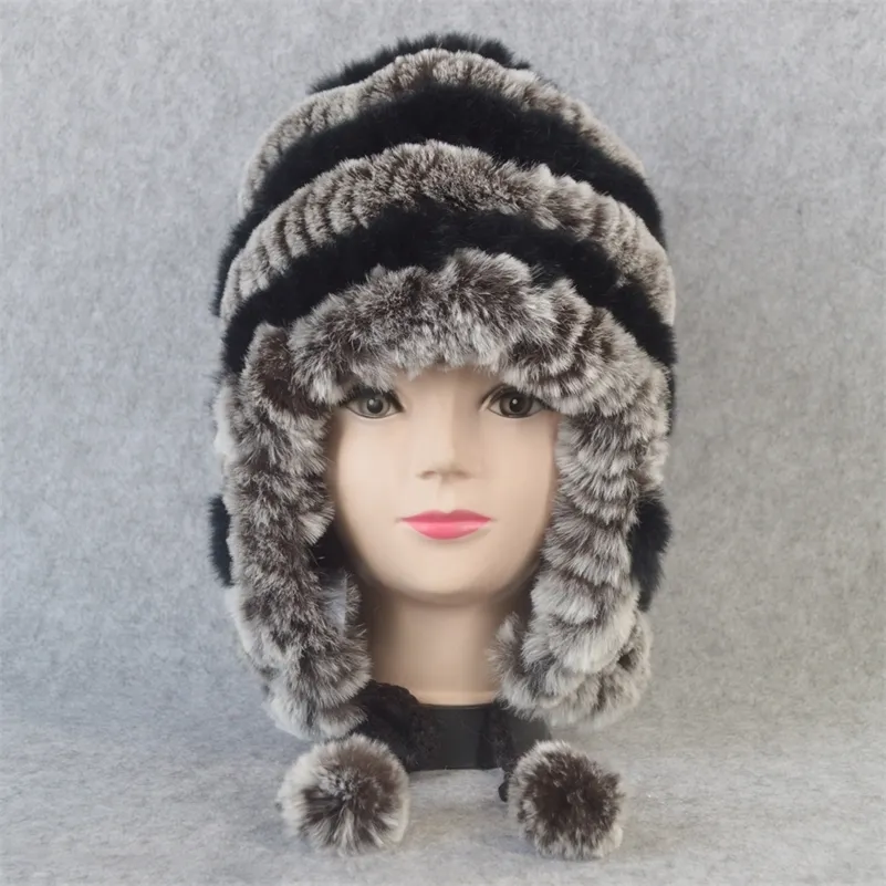 ロシアの冬のリアルイヤーフラップハット女性編み本物の頭蓋骨キャップdiy暖かい柔らかいレックスウサギファービーニーキャップy201024259m