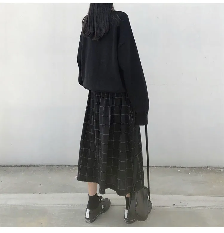 2 cores estilo japonês cintura elástica alta saias longas mulher outono inverno xadrez a linha plissada mulheres x1078 220224