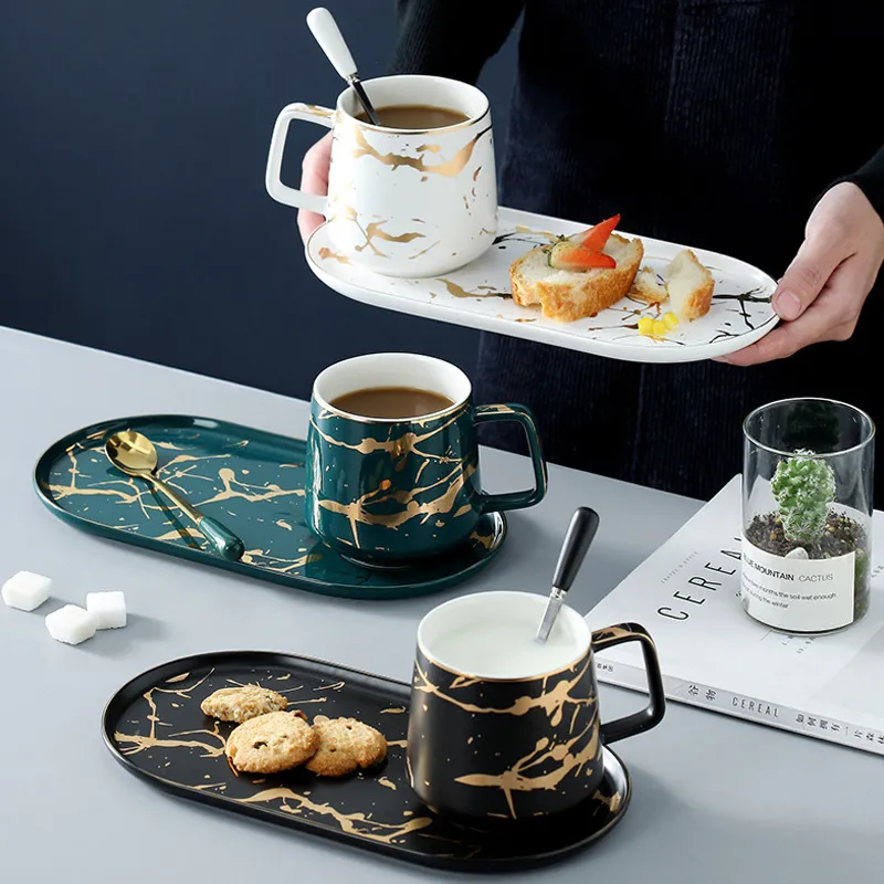 MUZITY Ceramic Milk with Breakfast Plate Porcelain MarbleTea Mug and Saucer One Person Set Q1222