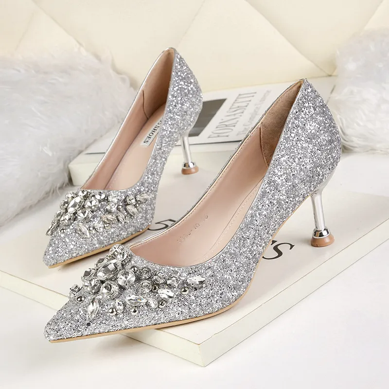 Sapatos de casamento de noiva de lantejoulas 2021 Celebrity Gala Oscar Sapatos formais de desgaste alto 6 5cm Gold Gold Silver Black Black Hoco Noiva 247G