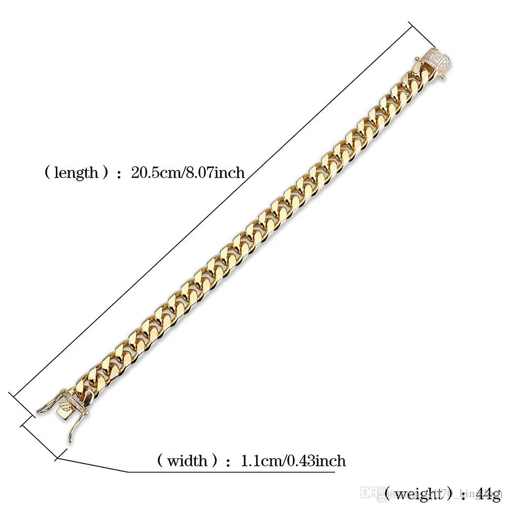 7 8 cali 10 mm Miami Cuban Link moduł złote srebrne bransoletki Hiphop Bling łańcuchy biżuterii męskie bransoletki biżuteria 262R