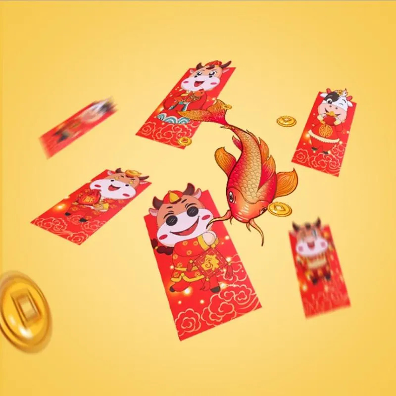 6 pièces ensemble nouvel an chinois enveloppes d'argent rouge année du boeuf dessin animé Cash Bag338m