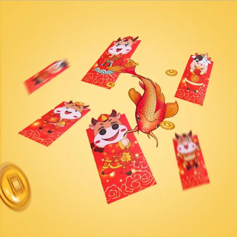 6-teiliges Set, rote Geldumschläge zum chinesischen Neujahr, Jahr des Ochsen, Cartoon-Geldbeutel246e