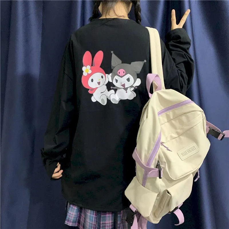 nuova maglietta prep maglietta delle donne giapponese ins cartone animato Kuromi stampa allentata a maniche lunghe T-shirt femminile studente ragazza morbida 201028