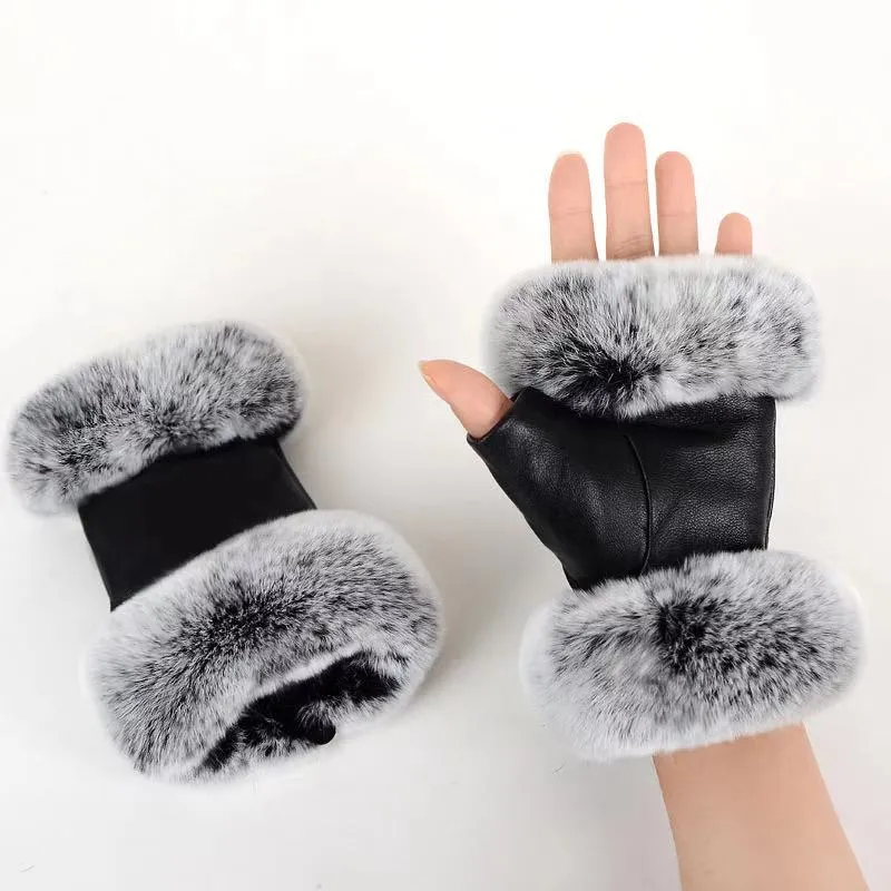 Lady's leather Glovess rabbit skin mouth with thick warm driving gloves winter open toe riding glove gift box259r