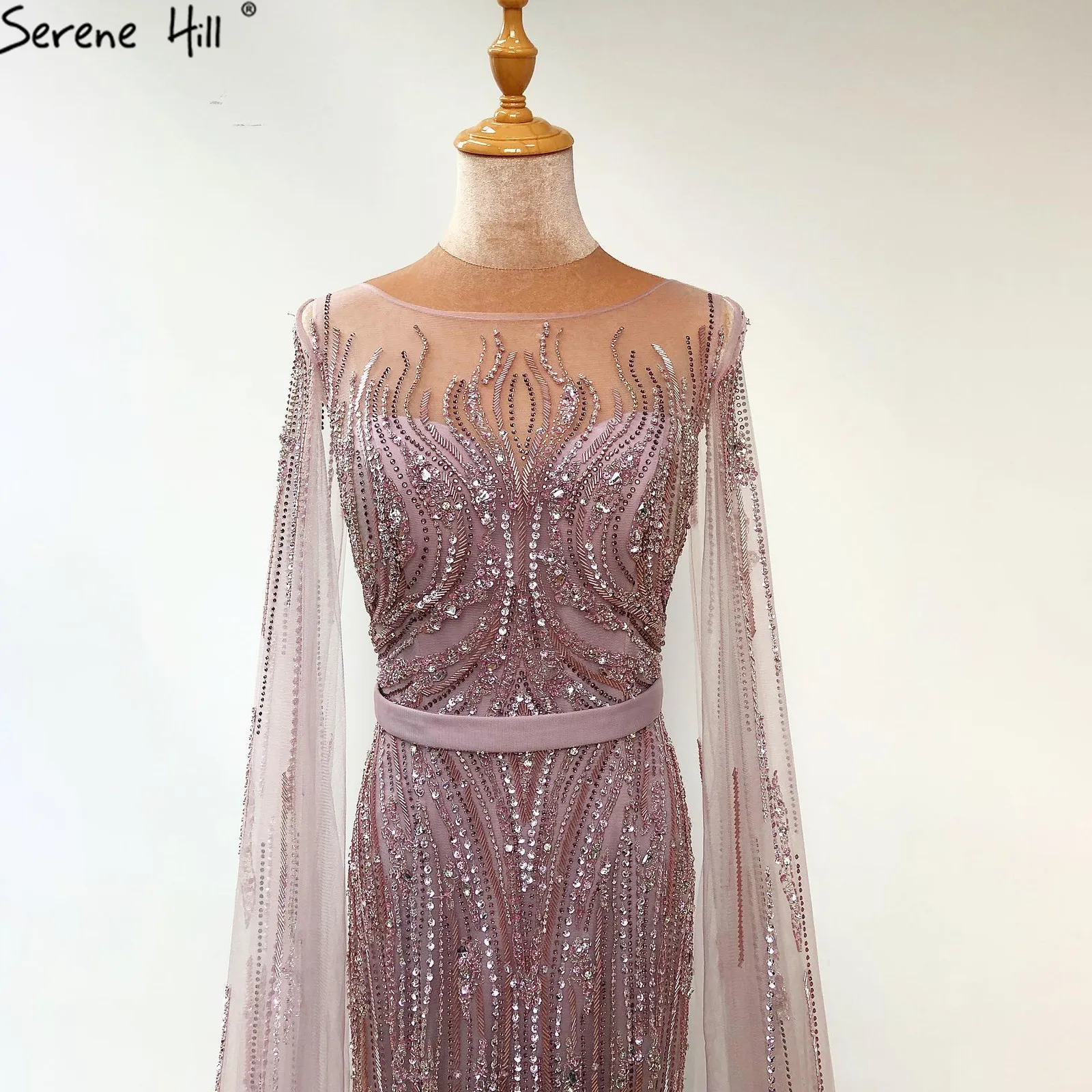 Serene Hill Dubai Pink Luxury Long Sleeves Evening Gown With Cape Mermaid Beadings Sexy Fromal Party Wear Gown CLA70160 201114