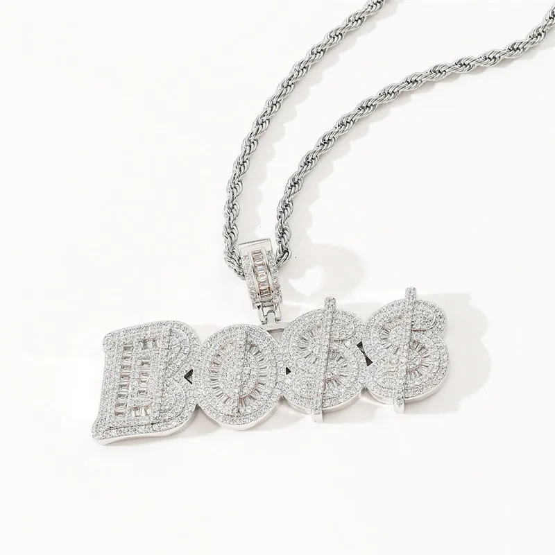 Collier avec pendentif lettre BOSS en diamant CZ glacé, plaqué or et argent, bijoux Hip Hop pour hommes, cadeau 246W