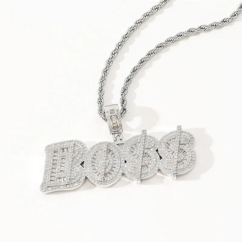 Iced Out CZ Diamond Letter Boss Pendant Necklace Gold Silver Plated Mens Hip Hop Jewelry Gift246w