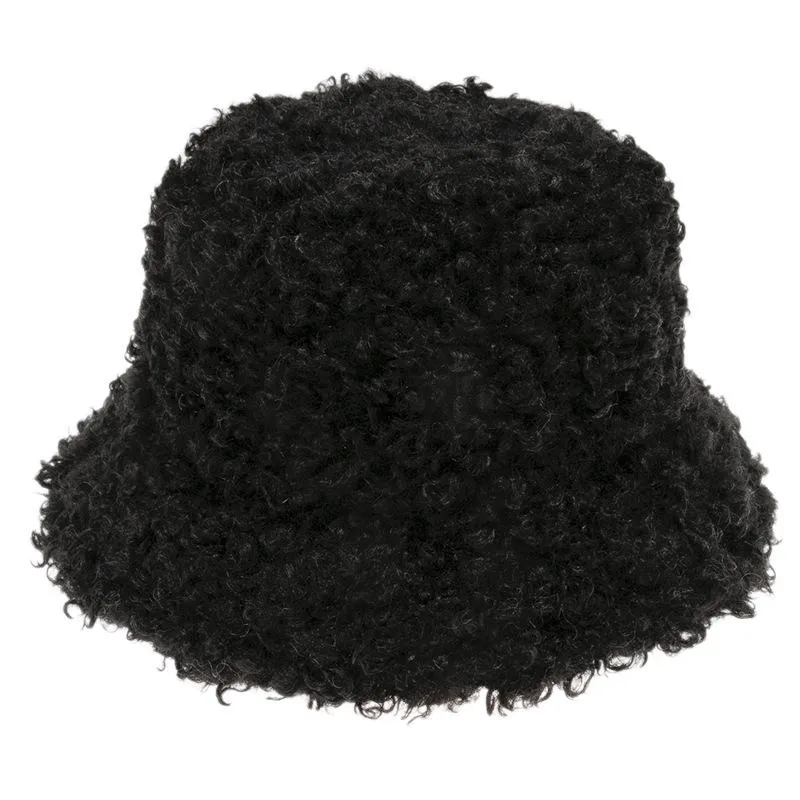 New Outdoor Warm Lamb Faux Fur Bucket Hat Black Solid Fluffy Fishing Cap Lovely Plush Warm Fisherman Hat Women Winter225E