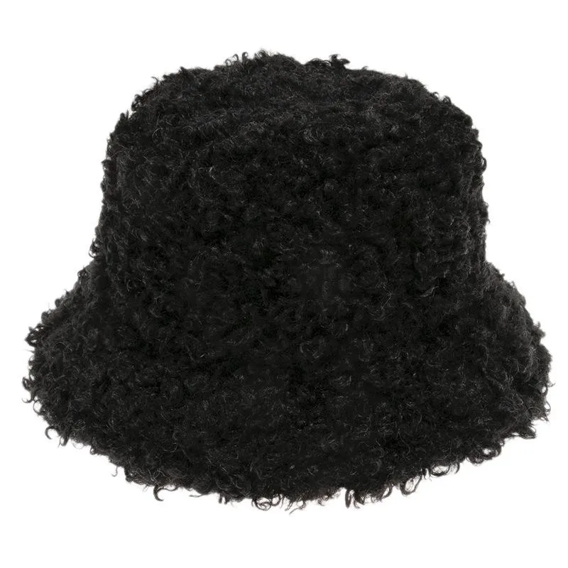 Yeni açık sıcak kuzu sahte kürk kova şapkası siyah katı kabarık balıkçılık kapağı güzel peluş sıcak balıkçı şapkası kadınlar kış216o