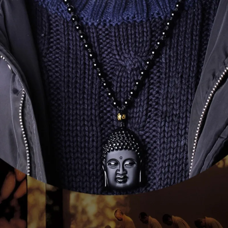 Collane con ciondolo Fortunato Naturale Nero Ossidiana Cammeo Testa di Buddha Catena di perline Amuleto Collana della fortuna Buddismo Meditazione Uomo Donna 236h
