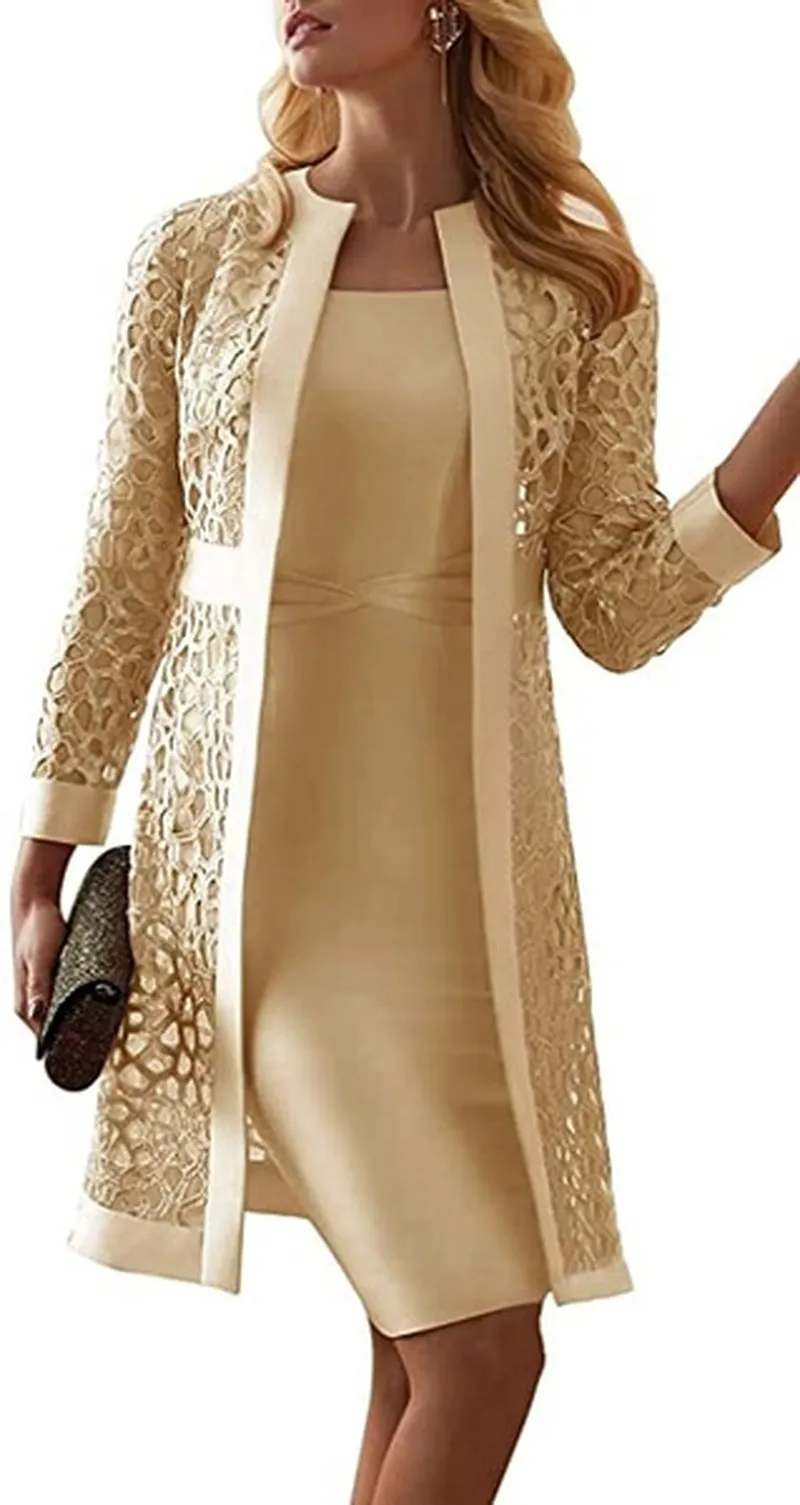 2ピースドレス女性長袖膝丈ジャケットの花嫁のドレスフォーマルパーティーイブニングガウンドレスファッションS-5XL 220228