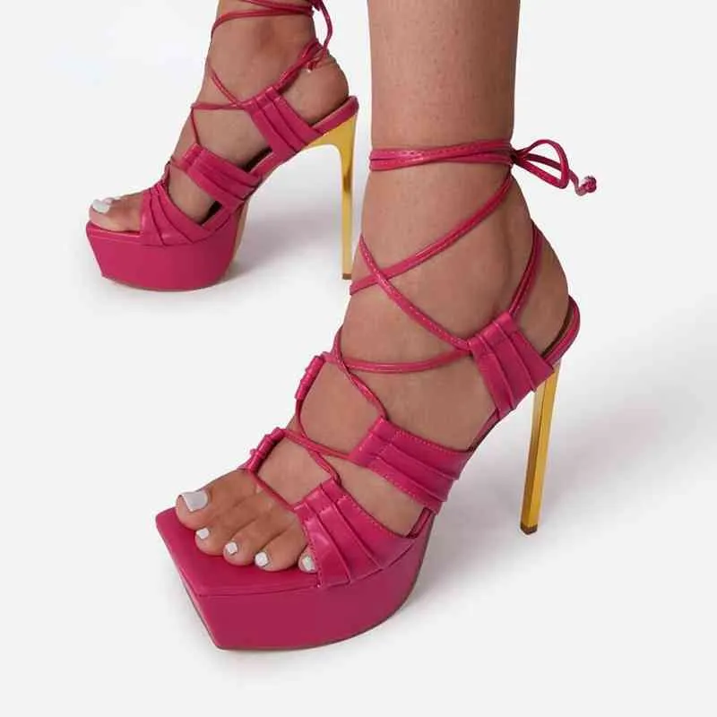 Piattaforma - Sandali con tacco alto da donna, scarpe da donna con suola spessa, 14 cm, traforate, festa, 2022