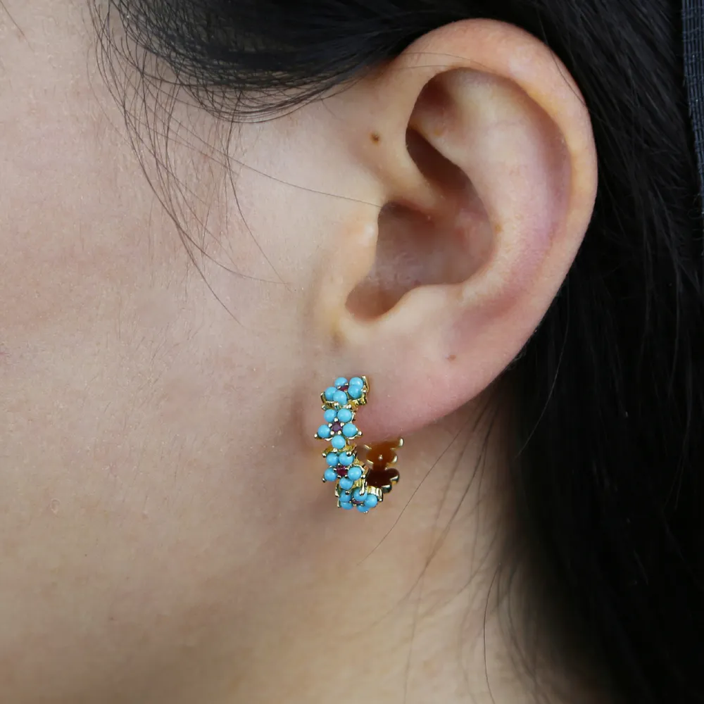 Boucles d'oreilles en forme de cerceau pour femmes, bijoux couleur or, ensemble de broches, pierre turquoise bleue, fleur, nouvelle mode printemps 2021