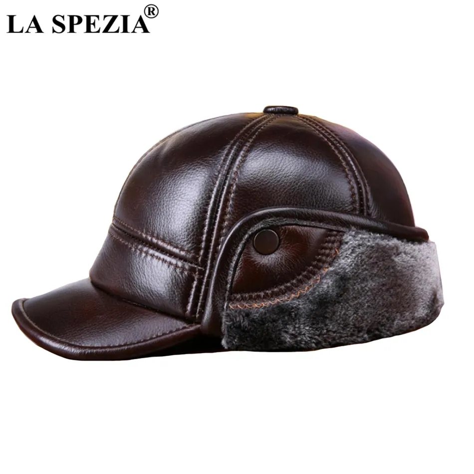 La Spezia зимние бейсбольные колпачки с меха Earflaps мужчины подлинной коровьей кожи теплые толстые утка шляпа мужской роскошный коричневый кожаный шляпа J1225