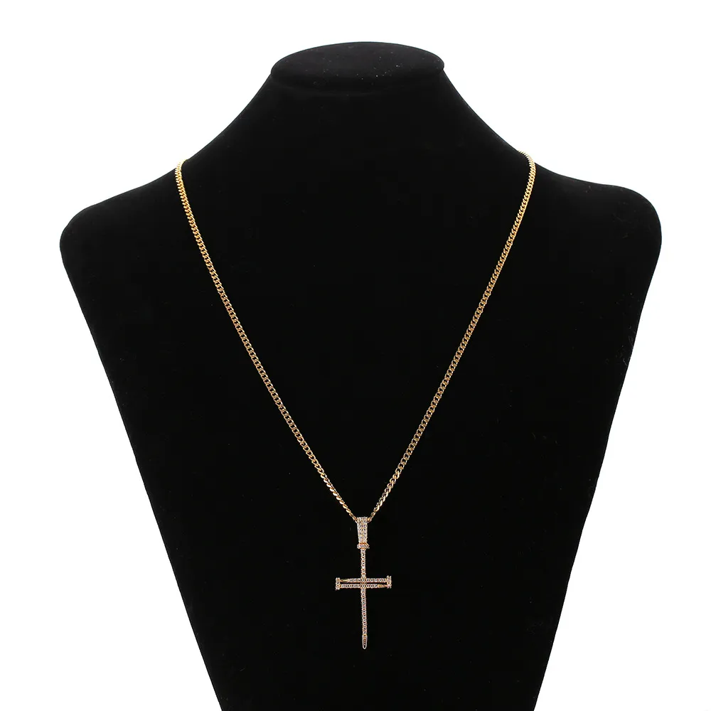 Prego cruz pingente ouro prata cobre material gelado cz pingentes colar com corrente moda hip hop jóias326p