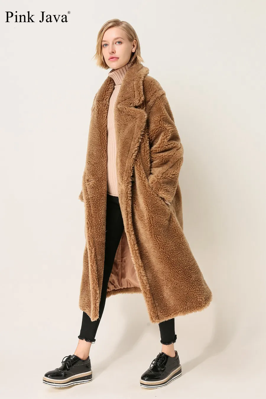 PINK JAVA QC1848 arrival real sheep fur coat long style camel teddy coat over size winter women coat 201214