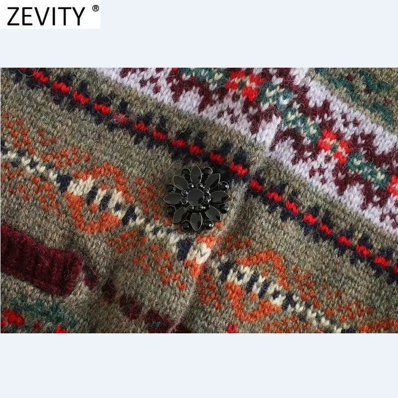 Zevity Women Indie Folk v Neck Contrast Color Flower Print編みベストセーター女性シックなレトロチョッキカーディガントップスS541 210204