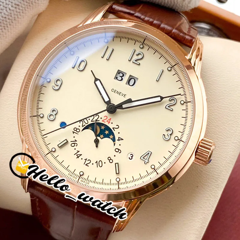 Nowy 5396R-012 Kalendarz wielkich komplikacji Automatyczna męska zegarek Rose Gold Case White Dial Moon Fase Watches Brązowe skórzane hwpp he298q