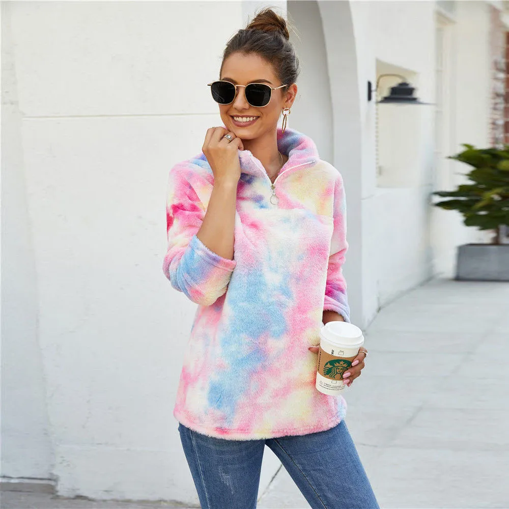 Sherpa Fleece Sweater Rainbow Lradient Fluffy Zipper Pullover Female Winter Wart Dark Tops Chic Party Fluffy Teddy Sweece Switse 201222