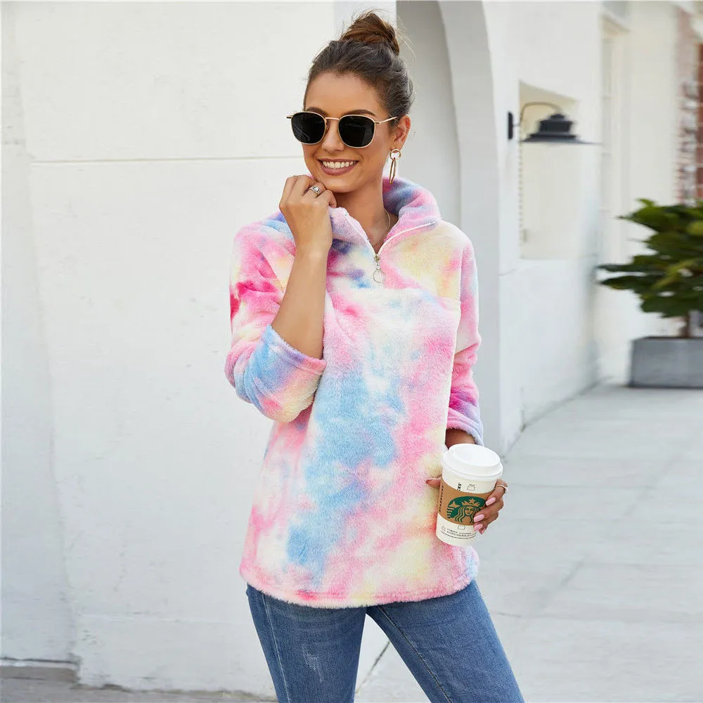 Sherpa Polaire Chandail Rainbow Gradient Fluffy Zipper Pull Femme Hiver Chaud Tops Chic Party Fluffy Teddy Fleece Chandails 201222