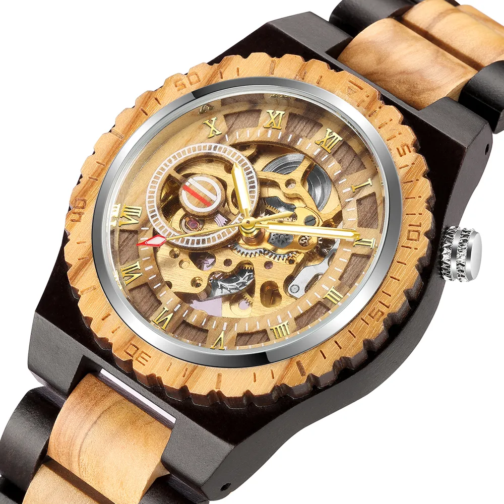 Montre en bois mécanique créative Steampunk squelette automatique hommes horloge en bois naturel mouvement creux Bracelets de mode B1205273y