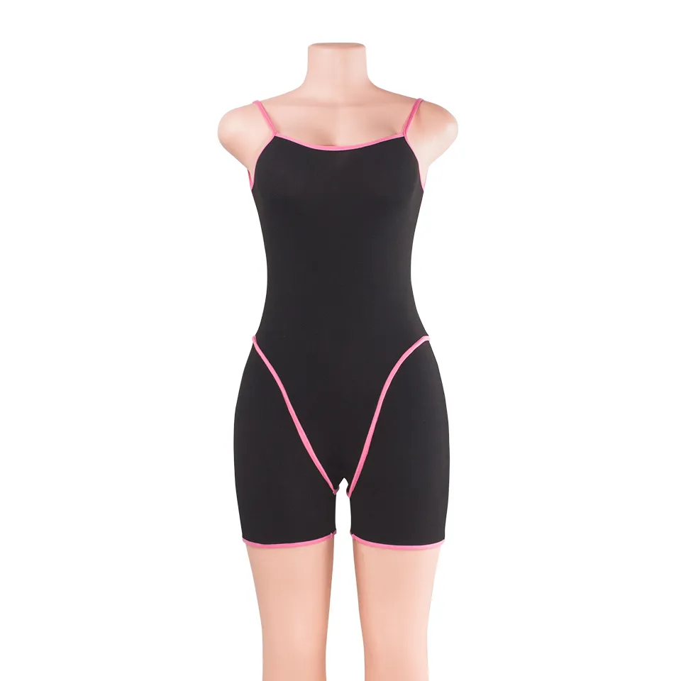 Femmes Spaghetti Strap Colorblock Bodys Combinaison Shorts Sport Romper Sans Manches Moulante Club Barboteuses Courtes T200616