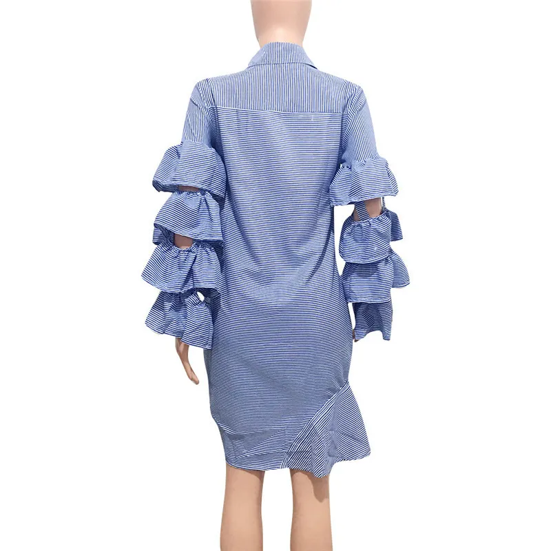 Blue Striped Irregular Shirt Dress Women Layered Ruffles Sleeve Button Up Knee-length Midi Dress Drawstring Party Casual Dresses Y0118