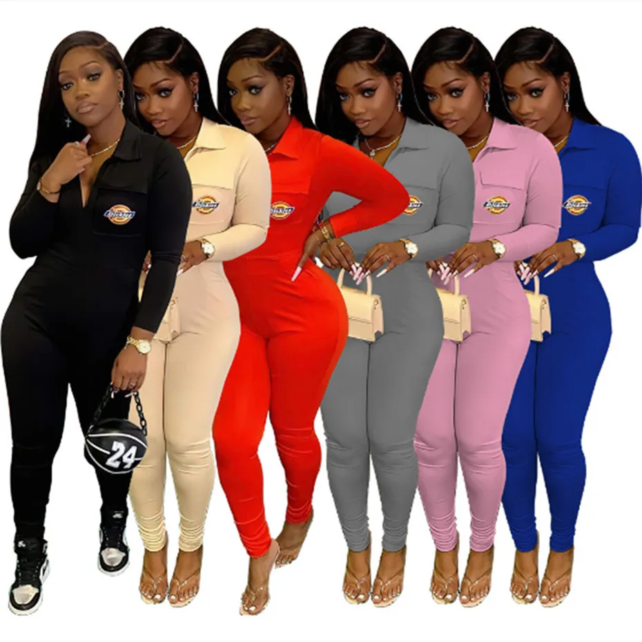 Carta em massa Bordado Onesies Casual Manga Longa Zipper Jumpsuits Macacão Moda Marca Designer Playsuit Bolso Mulheres Roupas K8614