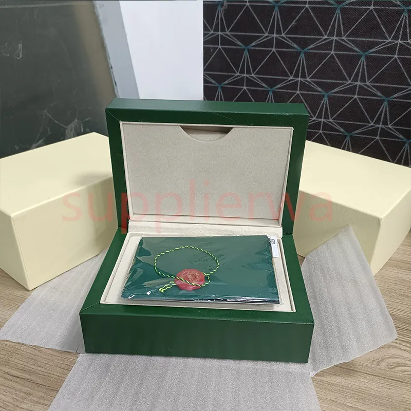 HJD Luxury High Quality Green Watch Box Cases Pappersväskor Certifikat Originallådor för träkvinna Mensklockor Presentväskor Access222A