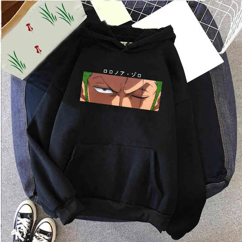 2021 Hot Japanese Anime Roronoa Zoro Graphic Hoodies Kvinnor Kawaii One Piece Harajuku Sweatshirt Unisex Kvinna H1227