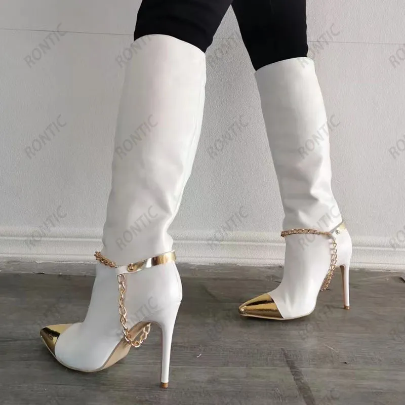 Rontic fait à la main femmes hiver genou bottes Faux cuir Sexy chaîne talons aiguilles bout pointu noir blanc fête chaussures taille 35-47