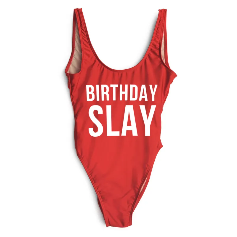 COMPLEANNO SLAY Lettera Stampa Costume intero Donna Ragazza Costumi da bagno Donna Taglio alto Costume da bagno Plus Size Monokini Beachwear femme T200708