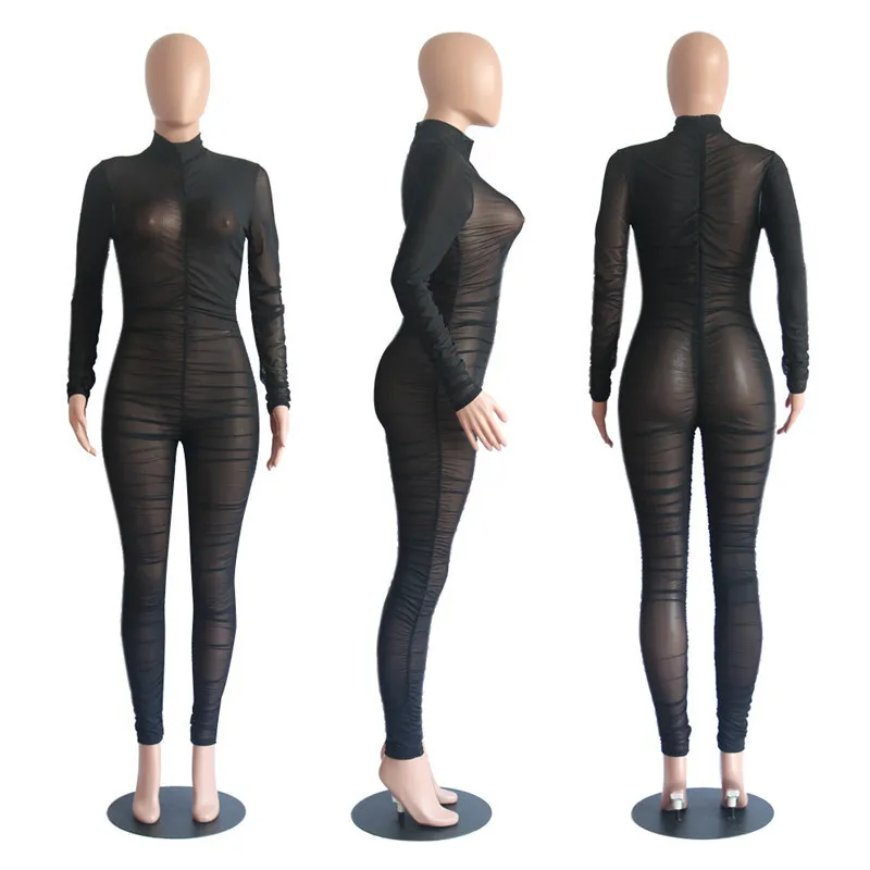 2019 Nouveau à manches longues Noir Sexy Bodycon Jumpsuit pour les femmes Mesh Voir à travers Skinny Barboteuses Femme Drapé Sortir Club Salopette T200107