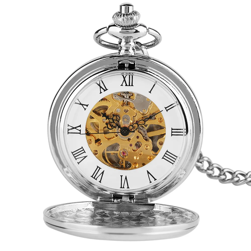 2020 Nieuwe Collectie Zilveren Gladde Dubbele Volledige Hunter Case Steampunk Skeleton Dial Mechanisch Zakhorloge Met Ketting Voor Geschenken T335u