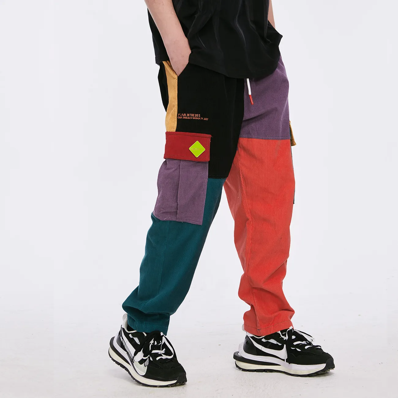 A Arandric Eden Cortar Calça de Calça Calças de Carga Homens Harem Jogger Vintage Color Block Patchwork Corduroy Hip Hop Harajuku Calças 201218