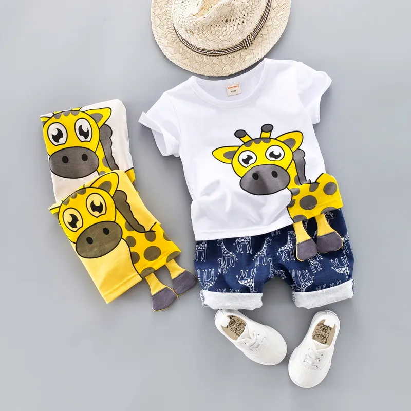 Sommarbarn babykläder set för pojkar 04 år tyg klippt tecknad djur spädbarn kläder giraff topp thirt småbarn outfit 23386356