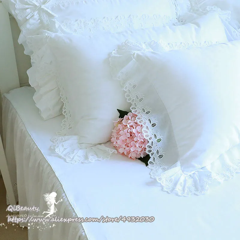 Princess Pure White Double Layer Lace Flounced Cotton Wedding Bedding Pillowcase pillow cover 220217