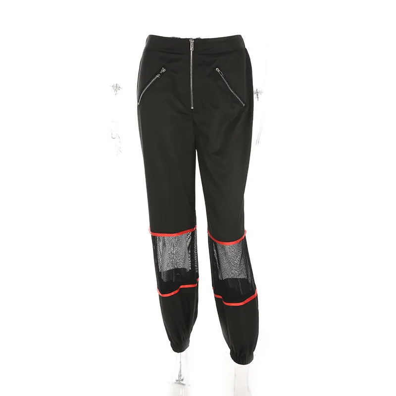 2020 pantaloni neri della rappezzatura della maglia della chiusura lampo Jogger delle donne pantaloni larghi casuali a vita alta delle donne streetwear Pantalon pantaloni Hip Hop T200606