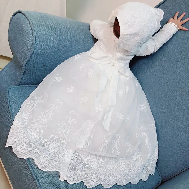 Bébé Filles Blanc Robe De Baptême Bebe À Manches Longues Anniversaire Broderie Vintage Robe Maille Robe De Baptême avec Chapeau pour Nouveau-Né 12M F1130