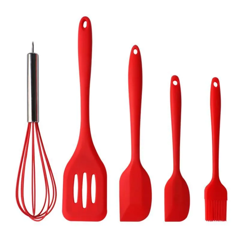 5 pezzi / set utensili da cucina in silicone set frullino le uova cucchiaio spatola pennello olio kit utensili da cucina accessori 201223
