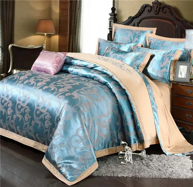 Set biancheria da letto di seta di lusso Jacquard dorato 60S cotone King Queen Size Set letto in pizzo Copripiumino in raso Cuscino in lino Lenzuolo Casa Texti258q