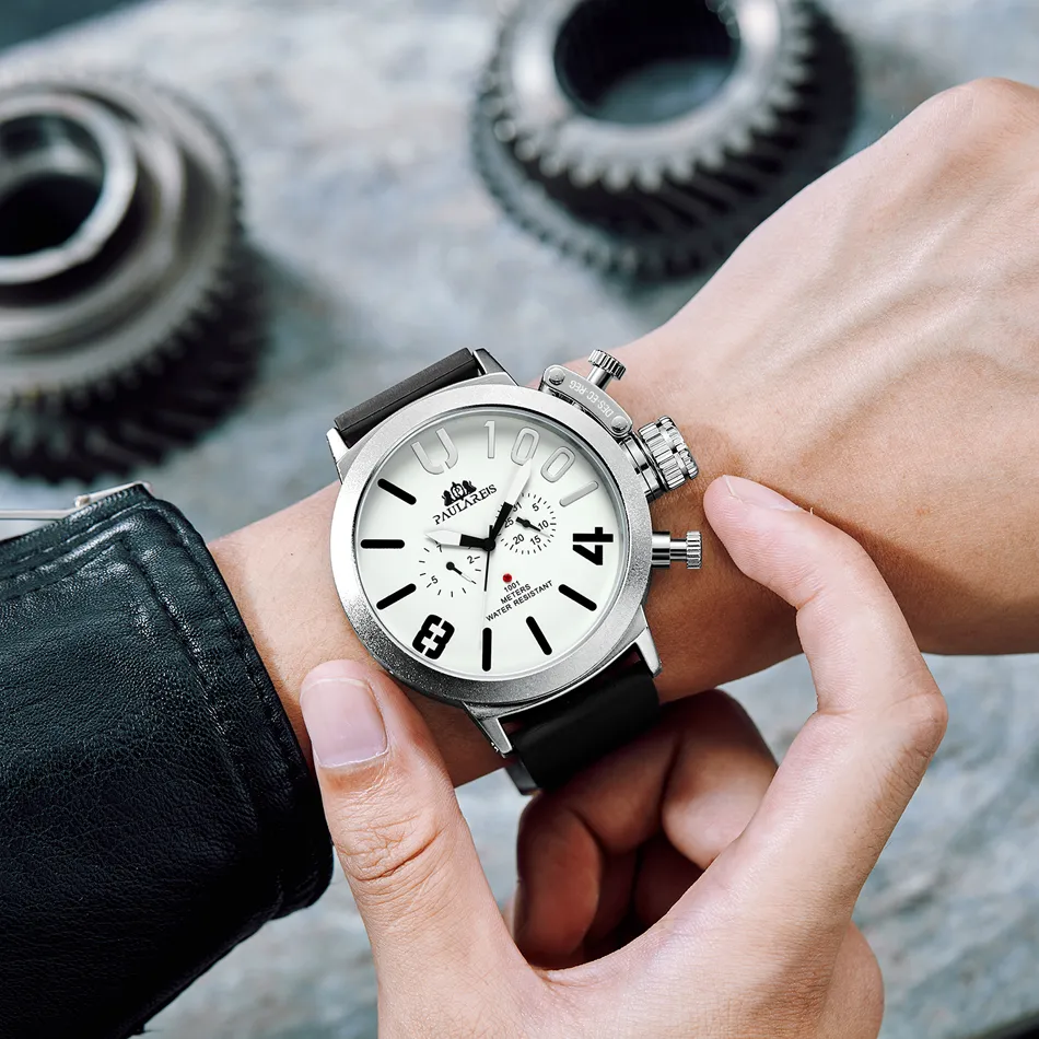 Heren Automatische Zelfopwinding Mechanische Rubberen Band Zwart Zilver Bootkast Oranje Blauw Geel Grijs Klassiek U Horloge 2011131529